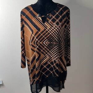 JM Collection Brown Geometric Blouse
